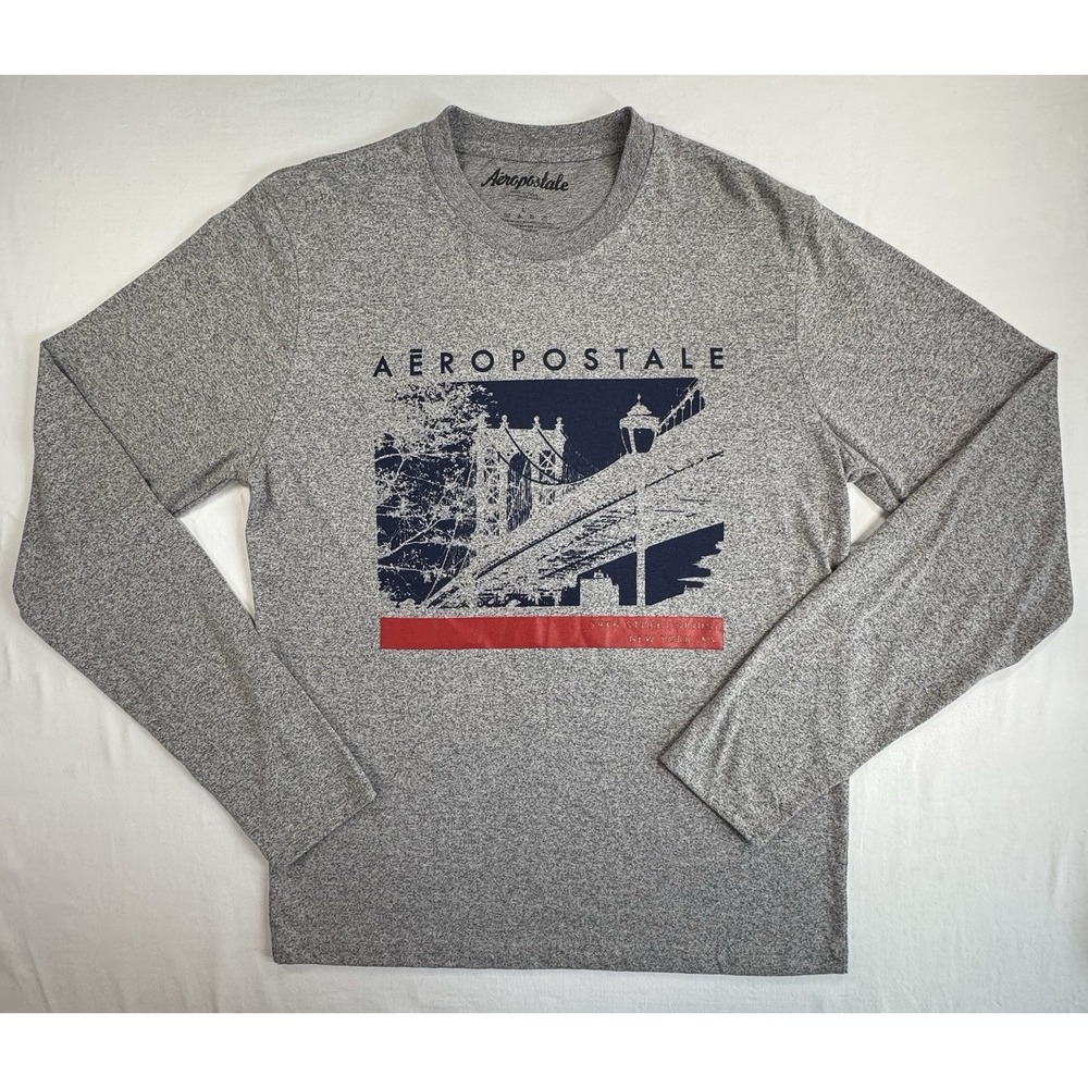 Aéropostale Men's Long Sleeve Graphic Tee Size L Gray Cotton Polyester Blend